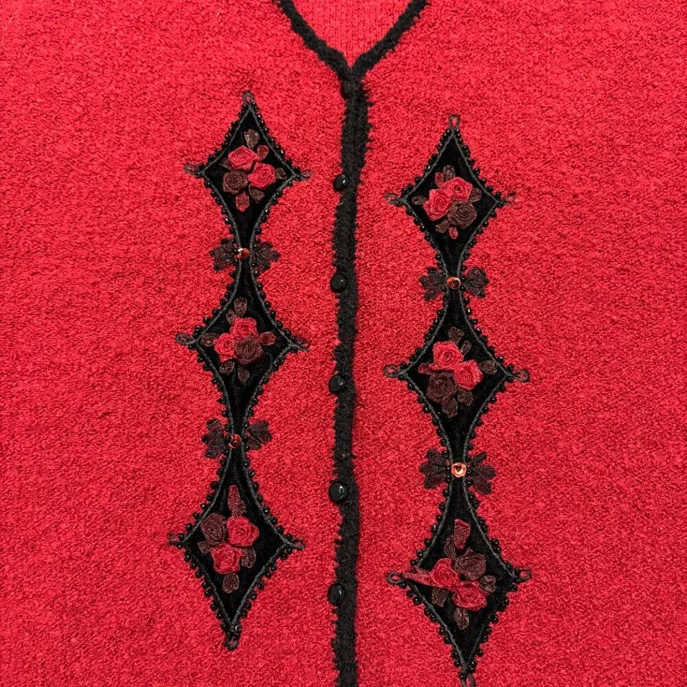 Koret Red Wool Vest L Beaded Rose Applique Holiday Christmas Party Festive VTG‎